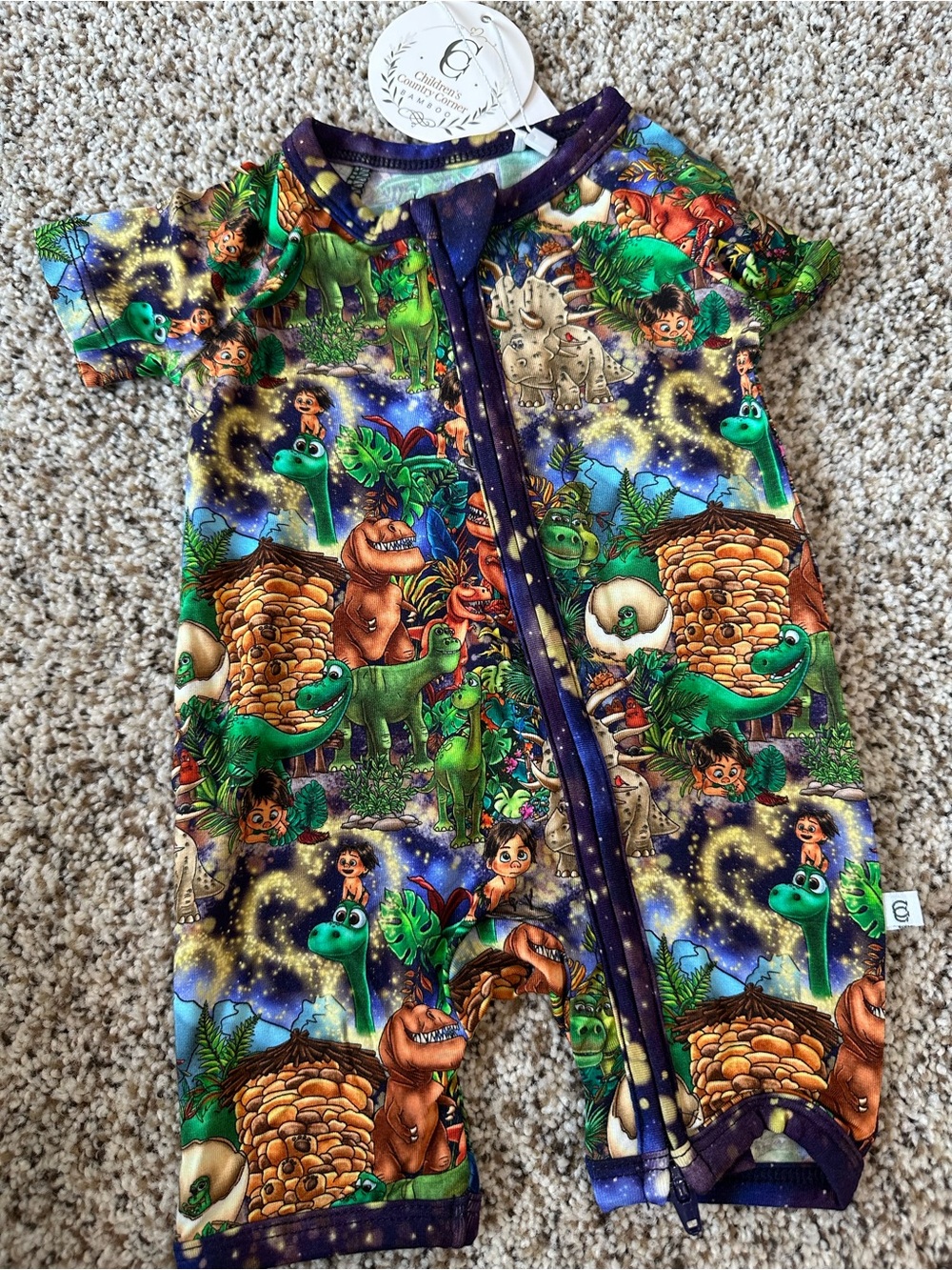 Dino Night Sky Short-Sleeve One-Piece Bamboo Zippy Bodysuit in Multicolor by